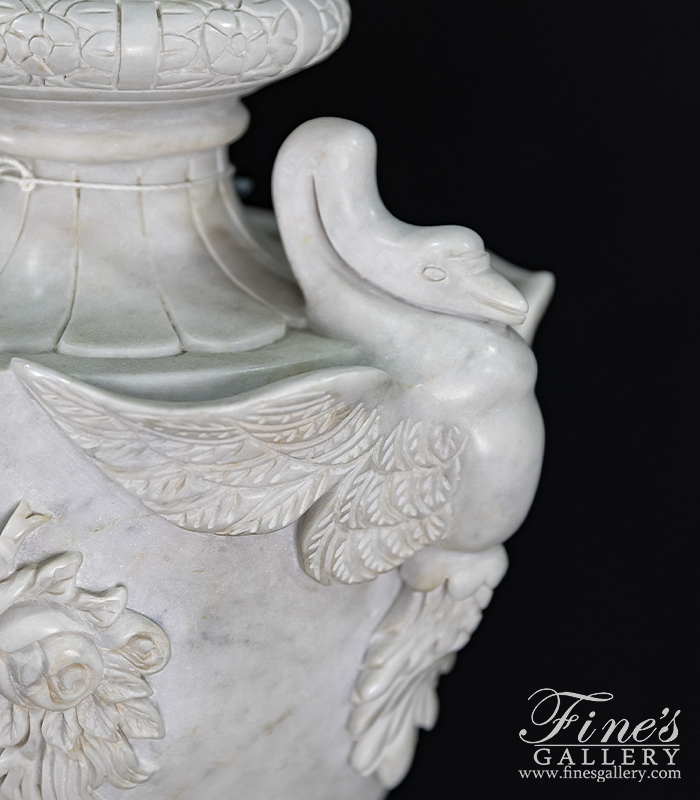 Marble Planters  - Highly Ornate Urn And Pedestal Pair In Statuary Marble - MP-543